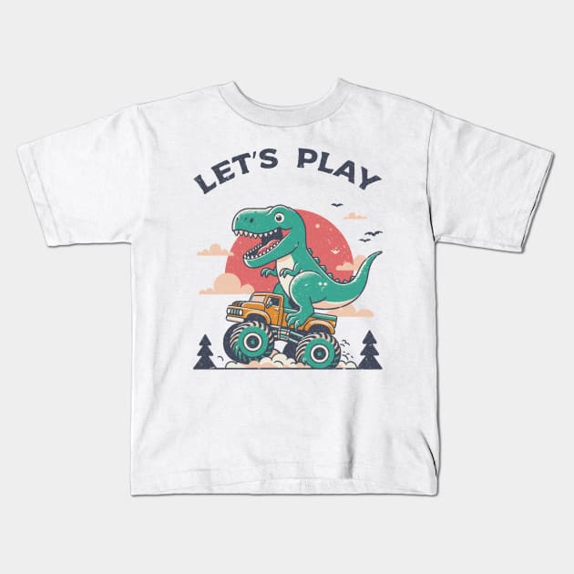 illustration of a T-rex riding a monster truck Kids T-Shirt by Yopi